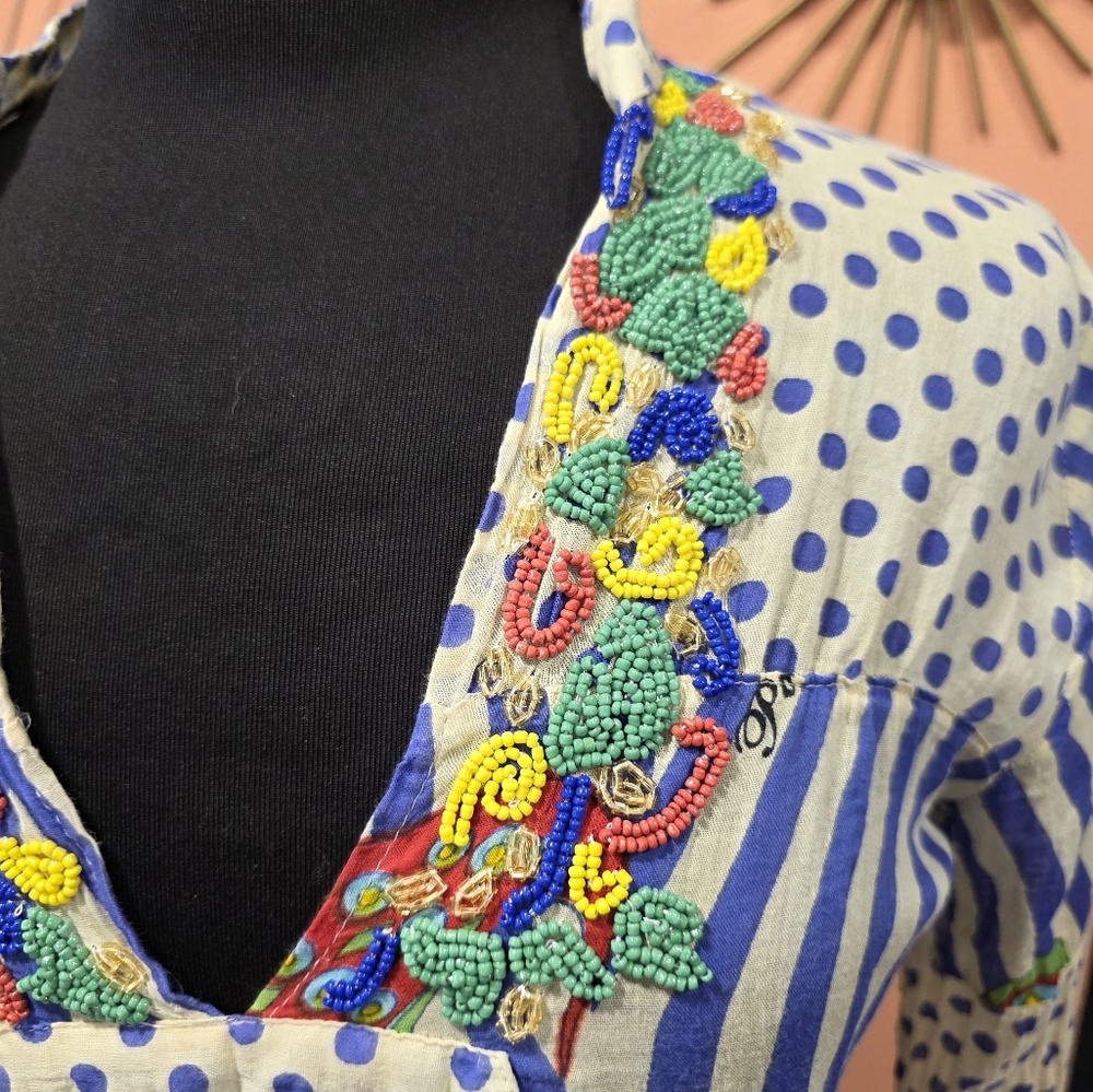 Positano By Jean Paul Small Blue & Cream Beaded Embellished V-Neck Tunic Top - Picture 11 of 16